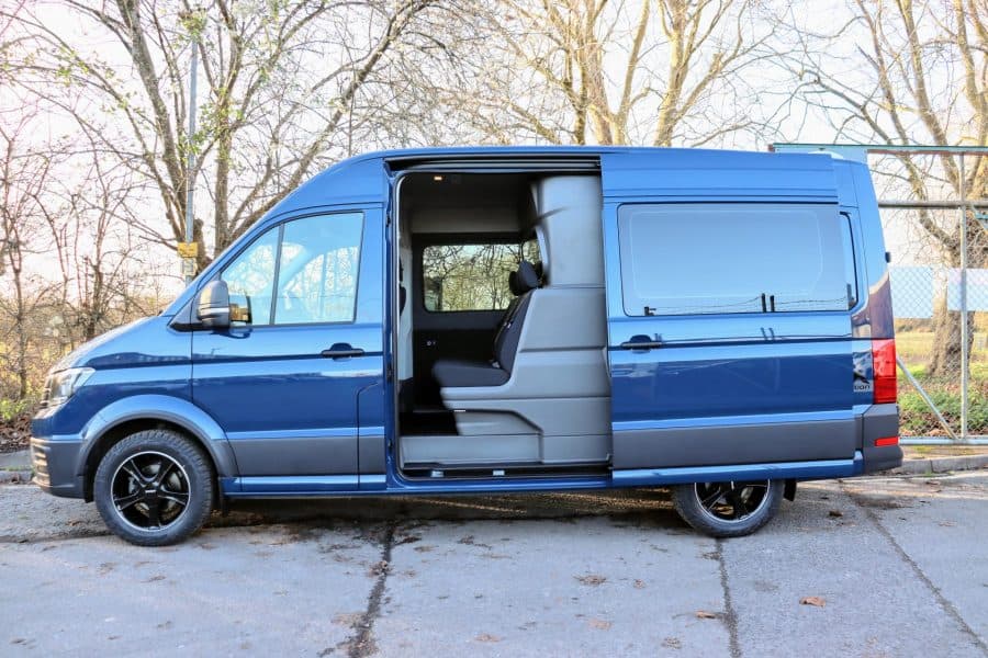 Exterior of blue VW Crafter Duovan Conversion. Rok Edition. Volkswagen camper van conversions. Flexivan, Salisbury, UK.